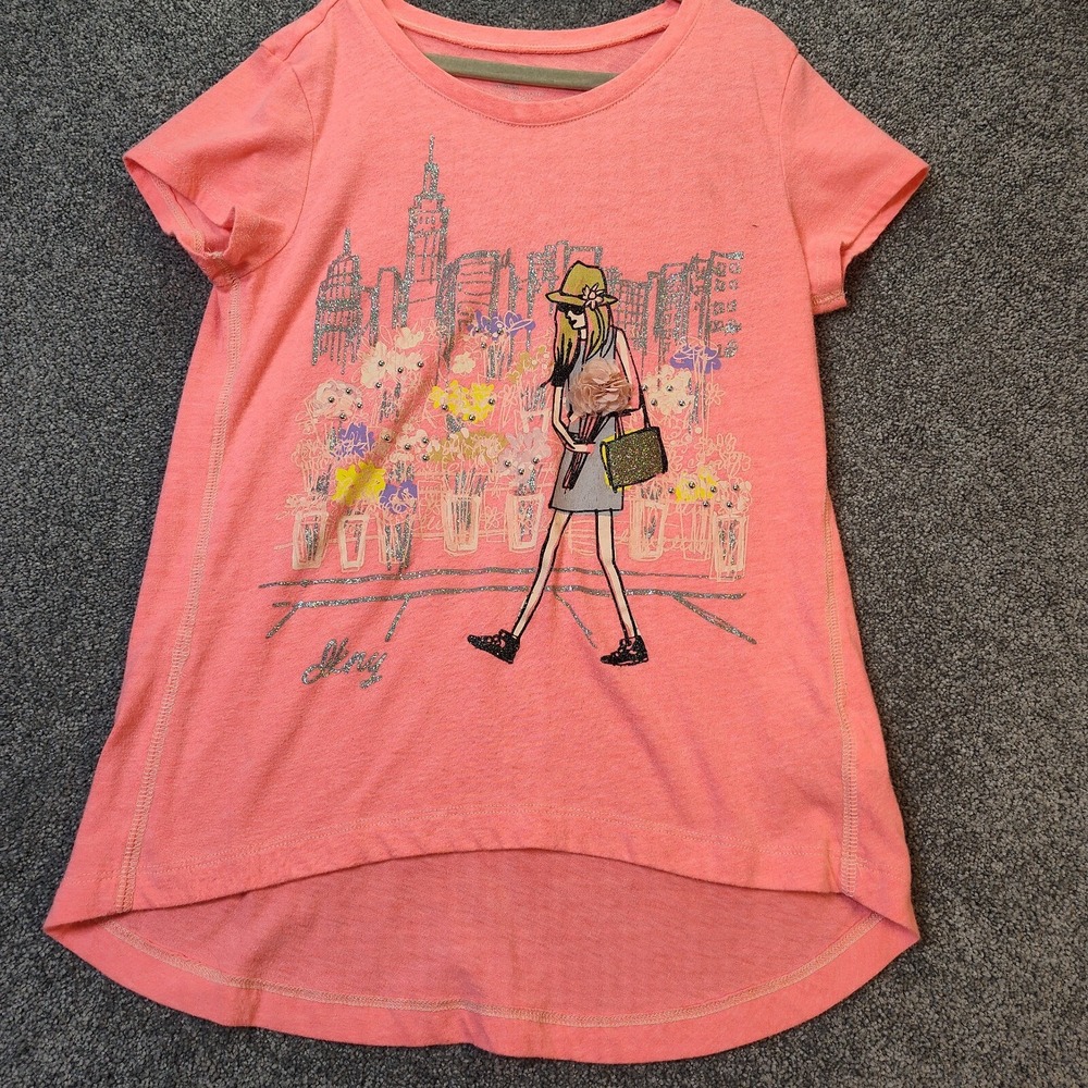 DKNY Girl Shirt Pink L Short Sleeve Crew Neck Glitter Embroidered Pullover Top
